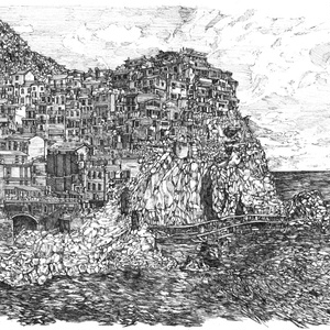 ペン画「海辺の街」原画