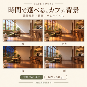 【背景素材4枚】CAFE HOURS｜朝・夕方・夜・雨のカフェ｜配信・動画向け