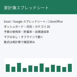 家計簿スプレッドシート｜月次ダッシュボード・カテゴリ予算・貯蓄率（Excel／Google スプレッドシート・日英 2 版同梱）