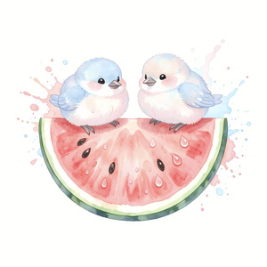 【SNSペアアイコン】すいかとモフモフ小鳥のイラスト素材【SNS壁紙・アイコン】