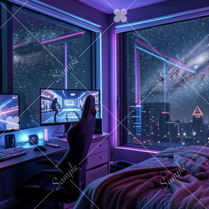 【AI生成素材】サイバーパンクなゲーミングルーム配信背景 16:9（近未来・宇宙）豪華5色セット