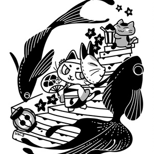 祭りへ行く猫Ｔシャツ（黒ラグランＴシャツ）