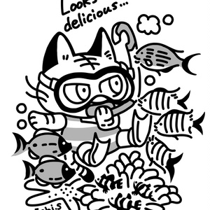 スキューバダイビングする猫（黒ラグランＴシャツ）