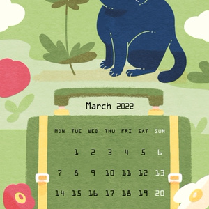 2022年3月の春が来た猫と花の日付シート