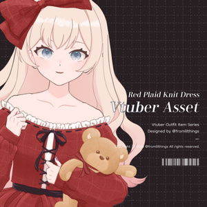 [Live2Dアイテム] Rigged Red Plaid Knit Dress & Hair Ribbon, Live2D asset, VTuber Item, Live2D Item, Vtuber Asset, Vtuber Outfit Asset, Vtuber Christmas Item