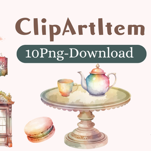 【虹色カフェシリーズ】水彩アンティーク風クリップアート10点セット/PNG背景透過