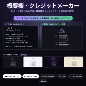 概要欄・クレジットメーカー｜歌ってみた・実況のクレジットを入力するだけ｜コピペ用テキスト＋クレジット画像PNGを同時に書き出し・並び3種・敬称・テーマ4種・16:9/正方形/縦・インストール不要・Win&Mac・オフライン