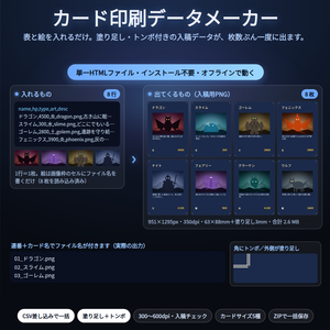 カード印刷データメーカー｜表を貼るだけで1行＝1枚、塗り足し＋トンボ付きの入稿用PNGを全カードまとめてZIP書き出し｜TCG/ボドゲ/名刺サイズ・インストール不要・Win&Mac・オフライン