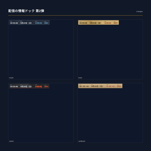 【配信】配信の情報ドック 第2弾 12デザイン｜時刻・日付・配信の経過時間・状態の一言を1枚に｜要らない欄は消せる・横並びと縦積み・背景透過・OBS用・設定ボタン(⚙)つき