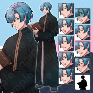 【立ち絵素材】神官や神父風な落ち着いた雰囲気の青髪男性のイラスト・ファンタジー・片目隠れ・全身表情10種＋α