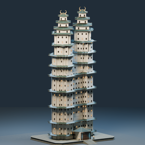 異世界ランドマーク — 白鷺の双天守【日本の城・3D背景モデル】