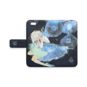 少女（jellyfishes／ネイビー）手帳型iPhoneケース