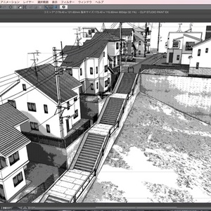 漫画背景用3D素材「階段のある住宅地」（CLIP STUDIO用 3Dオブジェクト）