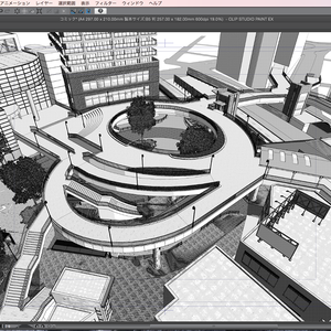 漫画背景用3D素材「空中歩道と駅」（CLIP STUDIO用 3Dオブジェクト.cs3o）