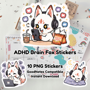 ADHD Brain Fox Stickers | Kawaii Mental Health Planner PNG (Digital Download)