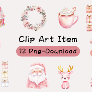Pink Christmas Watercolor Clipart（ピンククリスマス・水彩クリップアート）10セットPNG