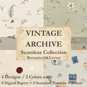 VINTAGE ARCHIVEーBotanical & Letter｜デジタルペーパー８枚セット