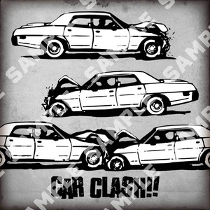 ぶつかるレトロな車のモノクロベクターイラスト素材/ Black vector car crashes and car accident - Side View