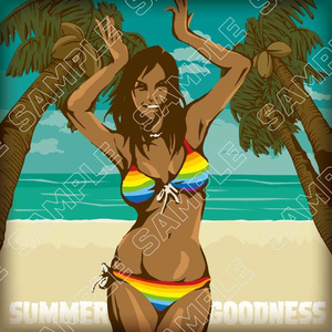 真夏のビーチを楽しむ笑顔で元気なビキニの女性イラスト - Vector pop art illustration of a woman smiling on the beach. Summer Holiday.