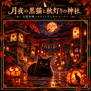 月夜の黒猫と秋灯りの神社｜幻想和風ハロウィンデジタルペーパー