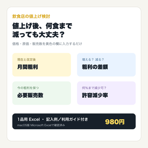 飲食店の値上げ・粗利シミュレーション表｜1品用Excel・利用ガイド付き