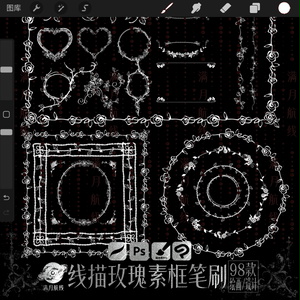 C024线描玫瑰边框笔刷 98款简笔线稿玫瑰花异形边框csp/ps/procreate笔刷