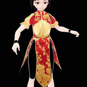VRoid. Amazing Dress, Cut skirt. Golden red. Floral pattern. HQ.