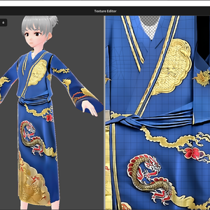VRoid. Kimono dragon. Beautiful gold texture. Blue, pink, cyan and red.
