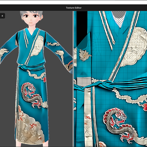 VRoid. Kimono dragon. Beautiful silver texture. Blue, pink, cyan, golden and red.