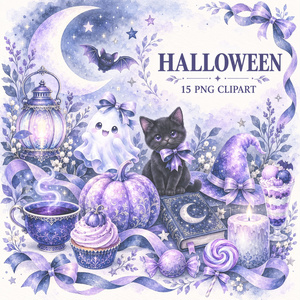ラベンダー＆ネイビーのハロウィン水彩クリップアート15点｜背景透過PNG・300dpi〖小規模商用利用可〗
