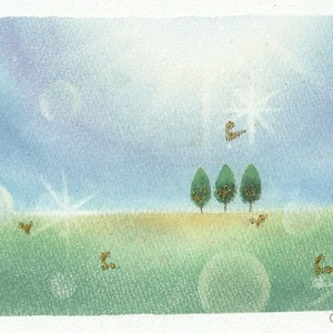 真作⭐︎【神秘の花の海】原画　現品のみ　モダンアート トトロん | ネモフィラのお花畑を飛び回る パズー🩵 花畑と青空