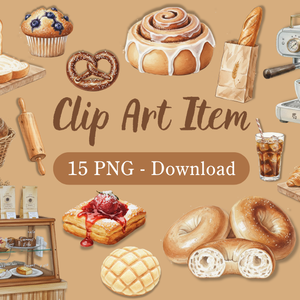 【15点セット】焼きたてベーカリー＆カフェ 水彩画風クリップアート（背景透過PNG）