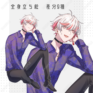 立ち絵素材_ホスト風美形の白髪薄紅色メッシュの男性の座り絵_26
