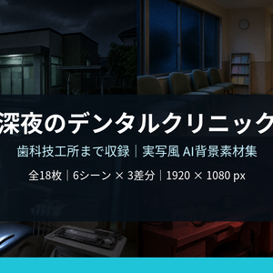 【AI背景素材18枚】深夜のデンタルクリニックと歯科技工所｜実写風・昼夜・異変差分