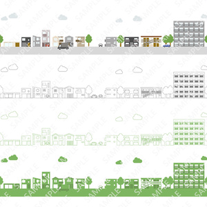 住宅街を描いた街並みのイラストセット