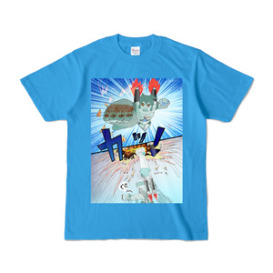 Color T-shirt featuring illustration of a Cory Buddha destroying a meteorite.