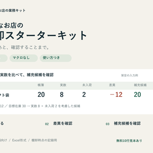 小さなお店の棚卸スターターキット｜100商品・差異確認と補充候補つき