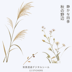 静かな四季 ― 秋の野辺｜デジタルシール 12点セット｜背景透過PNG・秋の草花