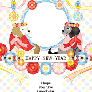2018年戌年完成年賀状無料テンプレート（FLORAL DOG HAPPY NEW YEAR）一般＆写真フレーム年賀状