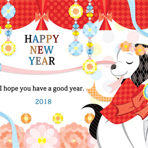 2018年戌年完成年賀状無料テンプレート（FLORAL DOG HAPPY NEW YEAR）一般＆写真フレーム年賀状