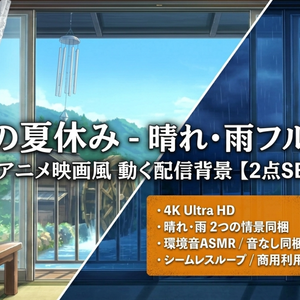 【4K・2点SET】アニメ映画風 動く配信背景「日本の夏休み」晴れ＆雨フルパック【極上ASMR環境音/音なし同梱】