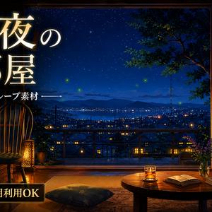 夏の夜の部屋｜窓辺のホタルと静かな夜景 30分シームレスループ音付き素材【1080p / 商用利用可】