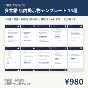 【印刷して貼るだけ】多言語 店内掲示物テンプレート14種｜日英中韓｜飲食店向けPDF