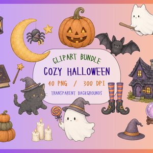 Cozy Halloween Clipart Bundle, 40 PNG, Cute Black Cat & Ghost Clipart, Watercolor Halloween, Spooky Cute Digital Download