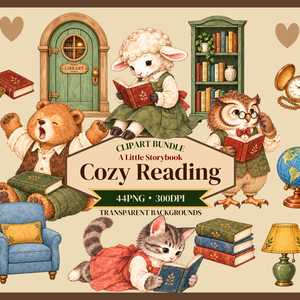 【OPENING SALE 25%OFF】Cozy Reading Clipart Bundle, 44 PNG, Storybook Animals, Book Lover Watercolor Illustrations