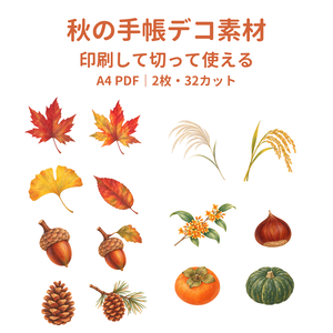 【手帳デコ素材PDF】秋のモチーフ｜A4・2枚・32カット