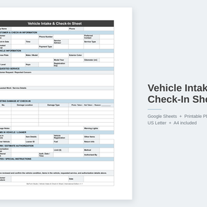 Vehicle Intake & Check-In Sheet｜International Edition｜Google Sheets + PDF｜US Letter & A4