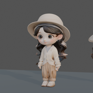 3D プリント用 STL データ つば広ハットのカジュアル少女 Q 版キャラフィギュア