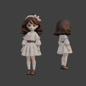 3D プリント用 STL データ ピンクリボンワンピース少女 Q 版キャラフィギュア