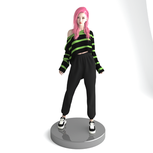 3D プリント用 STL データ ピンク髪 ストリート系少女 オフショルダートップス 女性フィギュア